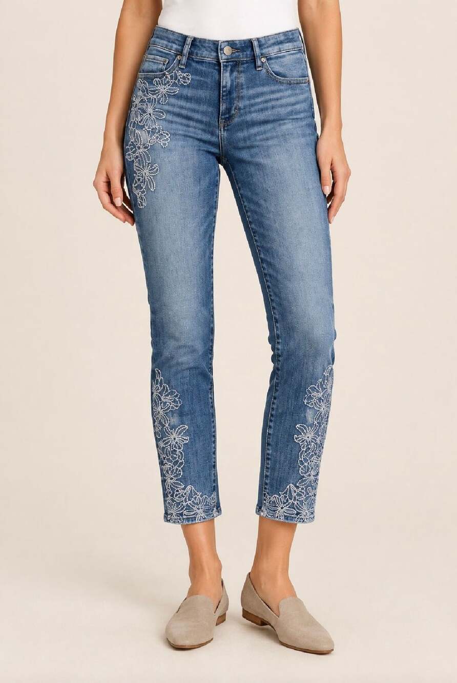 White House Black Market (WHBM) Mid-Rise Lace-Embroidered Crop Skinny Jeans